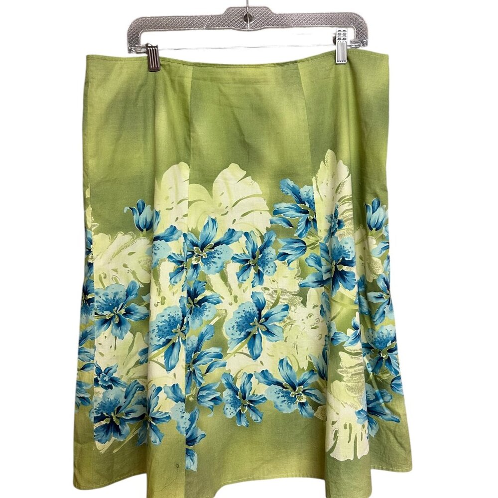 Nygard Collection Floral Midi Skirt Green Blue Lily 100% Cotton Size 14P